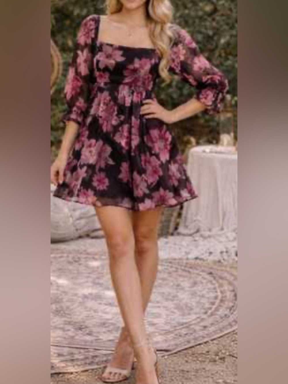 Floral Square-Neck Mini Dress in Black & Pink
